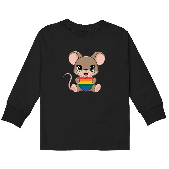 Cute Mouse Holding LGTBQ Rainbow Heart Kids Long Sleeve T Shirts