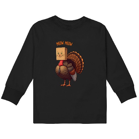 Turkey Funny Fake Cat Meow Thanksgiving Kids Long Sleeve T Shirts