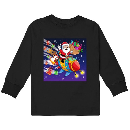 Reindeer with father christmas and spaceship Kids Long Sleeve T Shirts