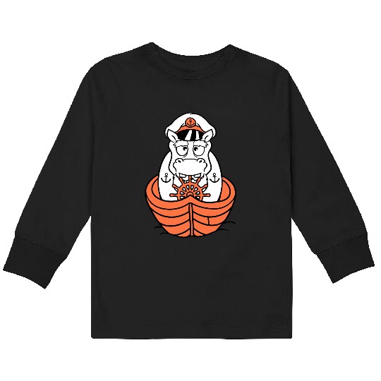 Funny Hippo Old Captain Sails Cute Cartoon Comic Kids Long Sleeve T Shirts