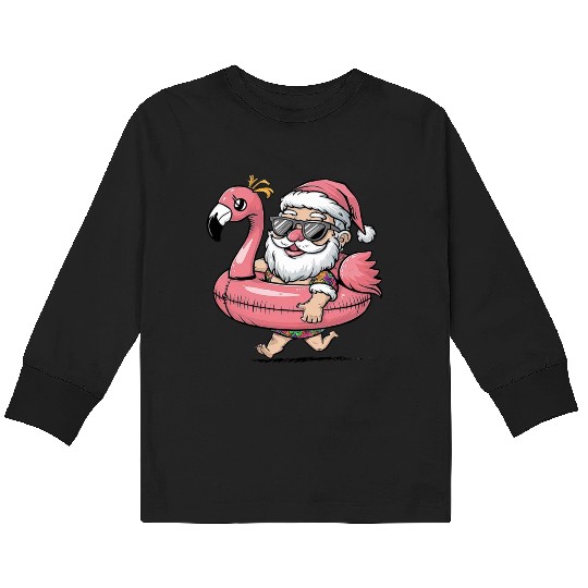 Summer Santa Claus with Flamingo Float Kids Long Sleeve T Shirts