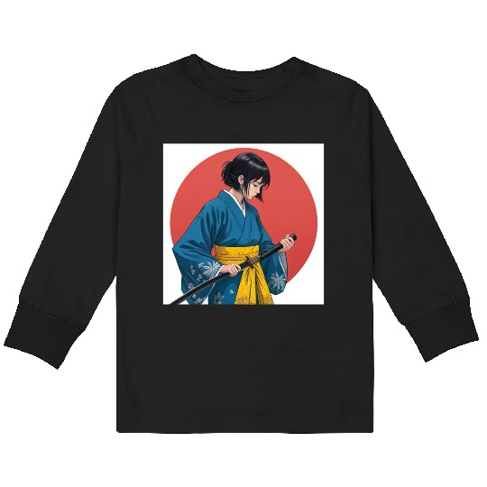 Blossom and Blade: Kimono-Clad Warrior Girl, Japan Kids Long Sleeve T Shirts