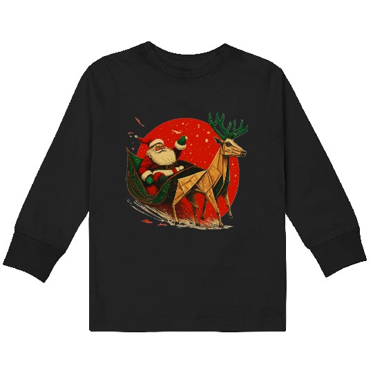 Christmas Santa Claus and Reindeer Origami Sleigh Kids Long Sleeve T Shirts