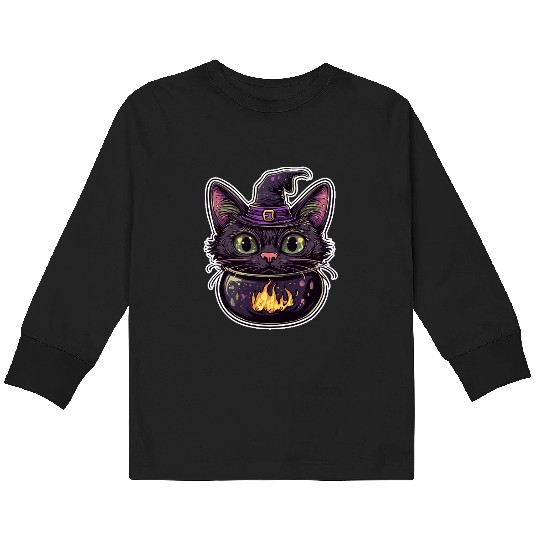 Cat Boiler Cat Witch Halloween Kids Long Sleeve T Shirts