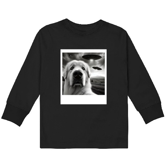 Great Pyrenees Funny Graphic Selfie with UFOs Weir Kids Long Sleeve T Shirts
