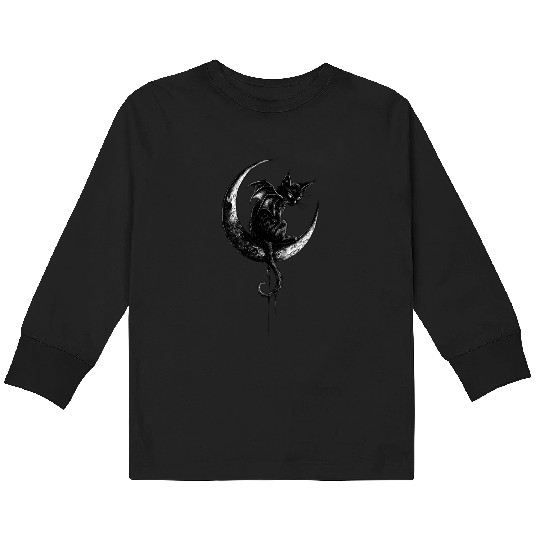 Cat With Bat Wings Sitting On Crescent Moon Goth Kids Long Sleeve T Shirts