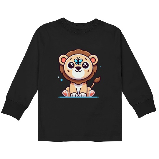 lion cub with a butterfly on its nose Kids Long Sleeve T Shirts