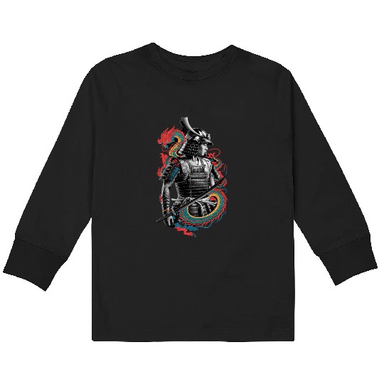 Samurai Spirit with Dragon Embrace Art Kids Long Sleeve T Shirts