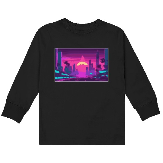 Neon Paradise Vaporwave Sunset Vibes Kids Long Sleeve T Shirts