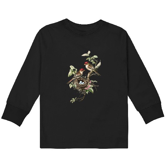 Vintage Bird Nest Illustration Kids Long Sleeve T Shirts