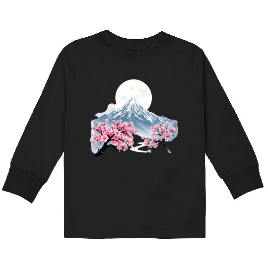 Japanese mount fuji Sakura tree Cherry blossom Kids Long Sleeve T Shirts