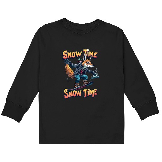 Snow Time Snowboarding Fox Adventure Artwork Kids Long Sleeve T Shirts