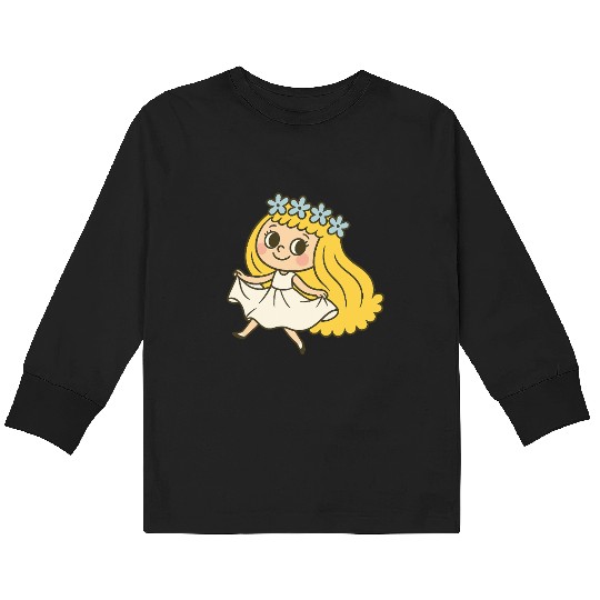 Cute Vintage Cartoon Girl with Flowers – Whimsical Kids Long Sleeve T Shirts