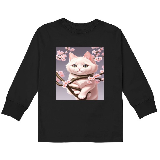 Whimsy Blossom Cat Kids Long Sleeve T Shirts