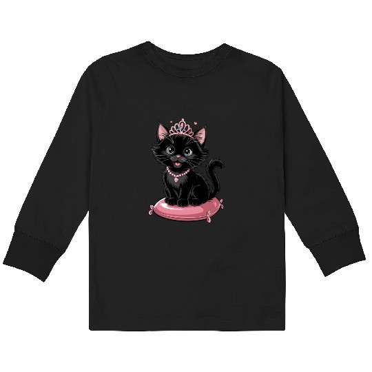 Royal Black Cat with Tiara and Jewels on Pink Kids Long Sleeve T Shirts