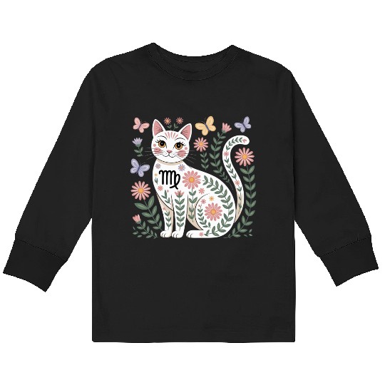 Virgo Zodiac Cat with Daisies Kids Long Sleeve T Shirts