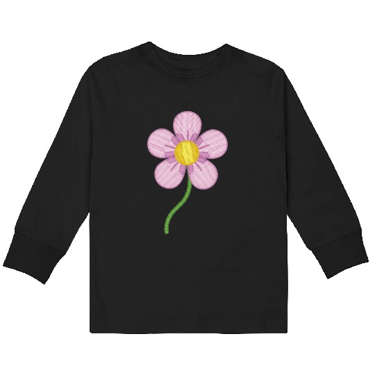 Cute Pink Embroidered Flower Illustration Kids Long Sleeve T Shirts