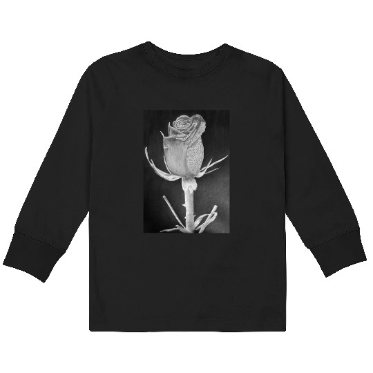 Realistic Graphite Rose & Dew Drawing - RT Art © Kids Long Sleeve T Shirts