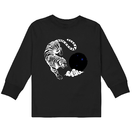 Celestial Pounce: Cosmic Tiger in the Night Kids Long Sleeve T Shirts