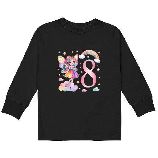 Magical Rainbow Fairy Elf 8th Birthday Girl Kids Long Sleeve T Shirts