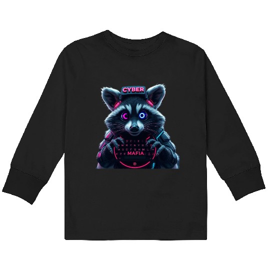 Cyber Raccoon with Neon Mafia Theme Kids Long Sleeve T Shirts