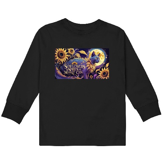 Celestial Cat Among Sunflowers and Moonlit Night Kids Long Sleeve T Shirts