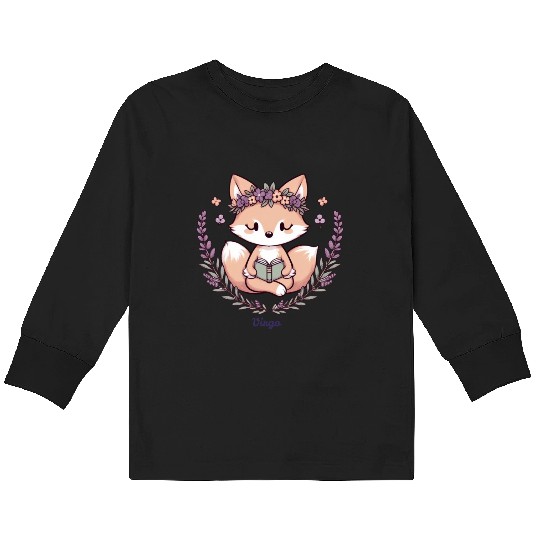 Cute Fox Virgo Reading with Floral Crown Kids Long Sleeve T Shirts