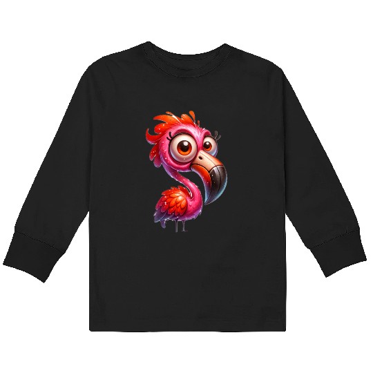 Whimsical Pink Flamingo Cartoon Style Kids Long Sleeve T Shirts