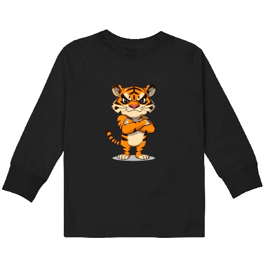 grumpy tiger cartoon animal illustration Kids Long Sleeve T Shirts
