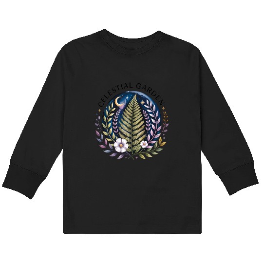 Celestial Fern and Floral Moon Design Kids Long Sleeve T Shirts