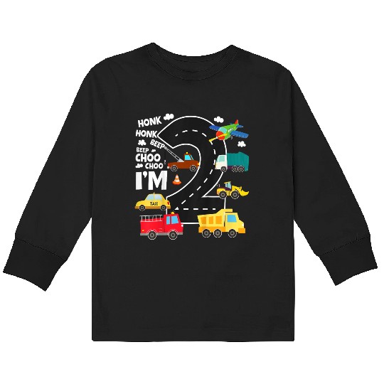 Kids Birthday 2 Traffic Vehicles Number Two Design Kids Long Sleeve T Shirts