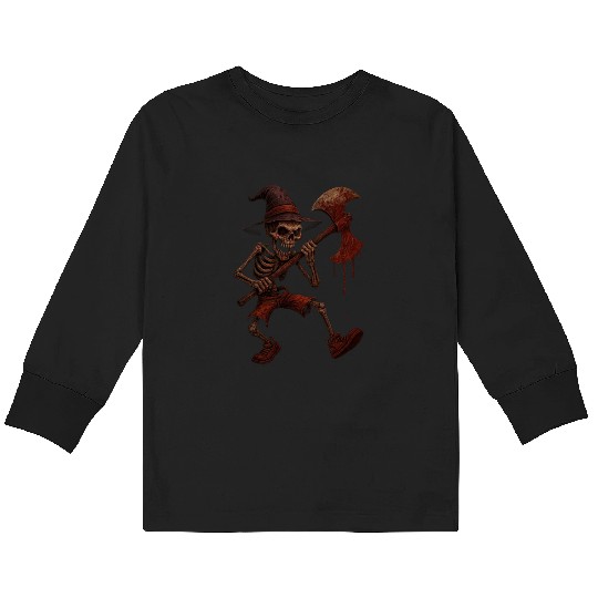 Haunted Skeleton Witch on Battle Axe Kids Long Sleeve T Shirts