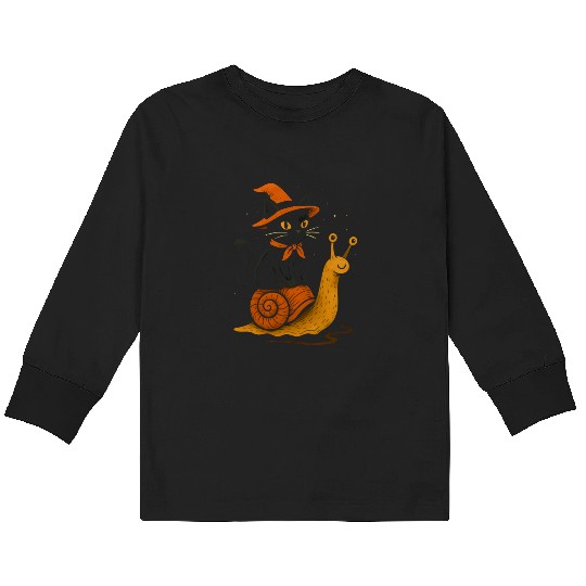 Halloween Cat with Snail and Wizard Hat Kids Long Sleeve T Shirts