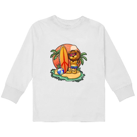 Funny Lion Surf Lovers Cool Surfboard Surfing Pun Kids Long Sleeve T Shirts
