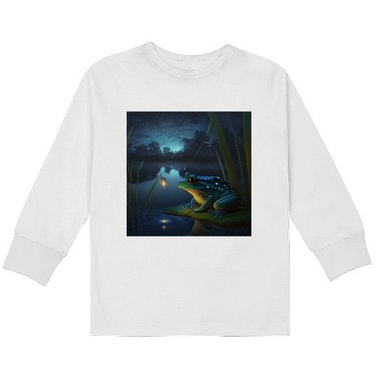 Frog and Firefly Friends on the Pond at Night Kids Long Sleeve T Shirts