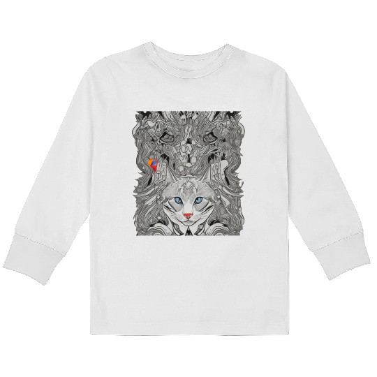 Psychedelic cat with bird Kids Long Sleeve T Shirts