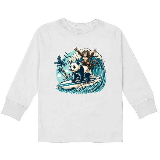 Monkey Riding Panda Surfing Wave Kids Long Sleeve T Shirts