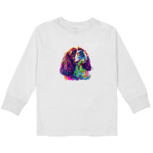 Cavalier King Charles Spaniel Illustration Rainbow Kids Long Sleeve T Shirts