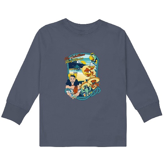 Latin American Disney Cartoon Three Caballeros Kids Long Sleeve T Shirts, Tres Caballeros Tours of Mexico Kids Long Sleeve T Shirts
