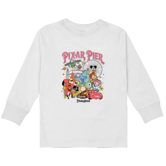 Vintage Pixar Pier Disneyland Kids Long Sleeve T Shirts, Disneyland Pixar Fest 2024 Kids Long Sleeve T Shirts, Meet me at Pixar Pier Disney Pixar Characters