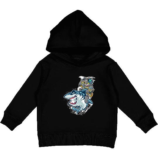 Cat Samurai Riding On Shark Kids Pullover Hoodies