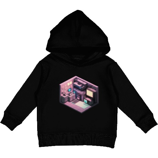 Synthwave Isometric Voxel Bedroom - Future Room Kids Pullover Hoodies
