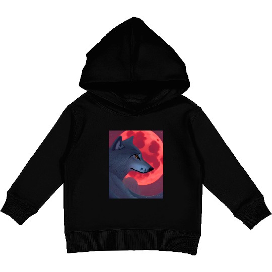 A Grey Wolf Staring at a Blood Moon Kids Pullover Hoodies