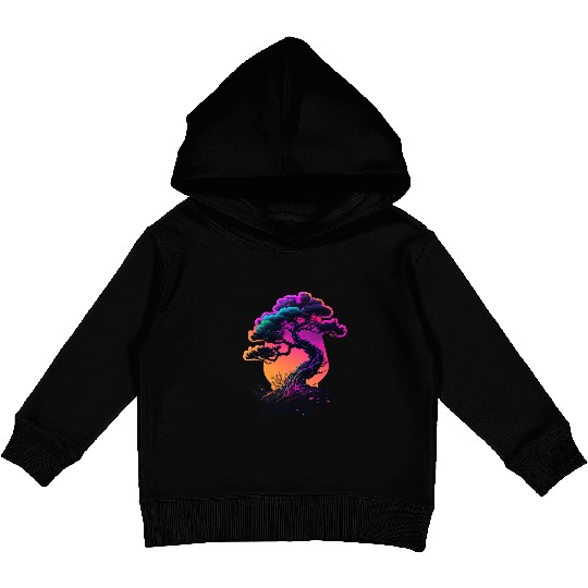 Synthwave Bonsai Tree Kids Pullover Hoodies