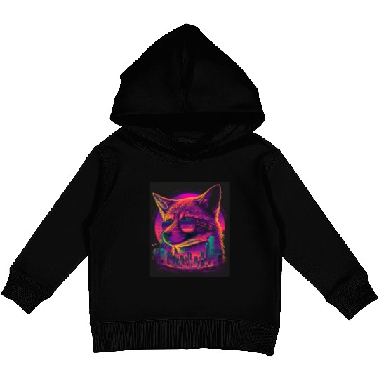 Retro Futuristic Synthwave Fox Kids Pullover Hoodies