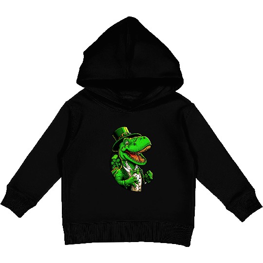 St Patricks Day T-rex Dinosaur With Top Hat Kids Pullover Hoodies