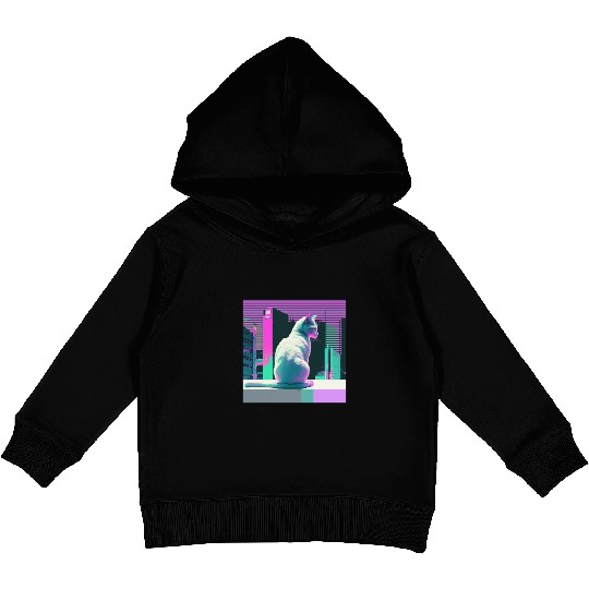 Vaperwave Aesthetic Glitch Cat Retrowave Synthwave Kids Pullover Hoodies