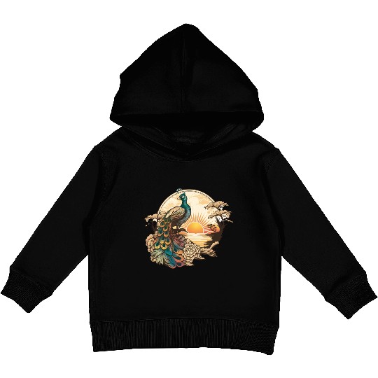 Serenity at Sunrise: Peacock Inspired Artwork Kids Pullover Hoodies