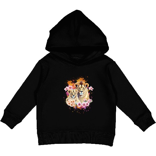 Lion Mom & Son Cubs with Flower Watercolor Kids Pullover Hoodies
