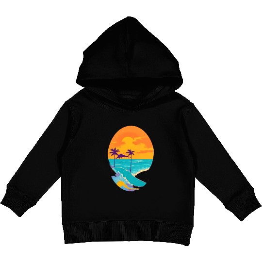 Golden Horizon: Serene Sunset & Surfing Paradise Kids Pullover Hoodies